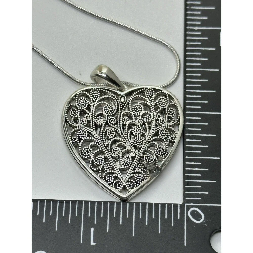Filigree Heart Pendant Necklace Silver Tone Cottagecore Romantic
